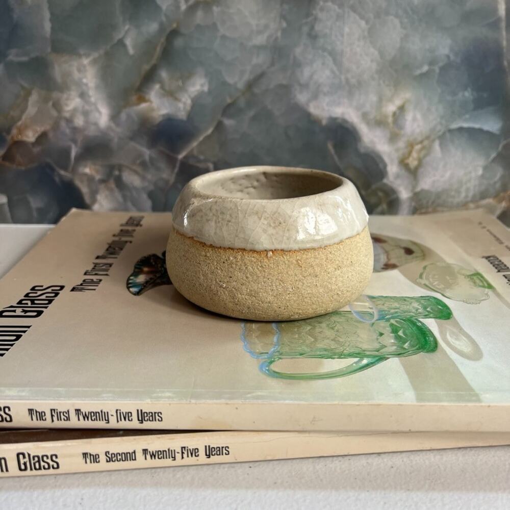 Studio Pottery Small Bowl Speckled Stoneware Ivory Half Glazed 3.5 x 2.2 in